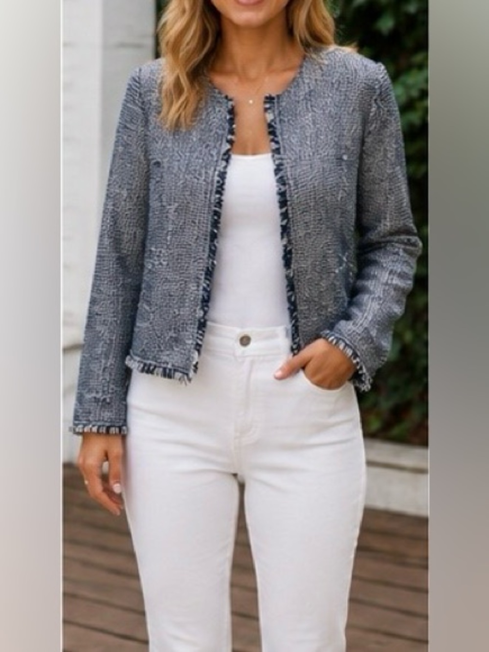 Banana Republic Size 0 Blue White Tweed Fringe Jacket Blazer